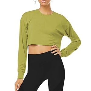 Bestisn Long Sleeve Crop Sweatshirt Top with Thumb Hole Green